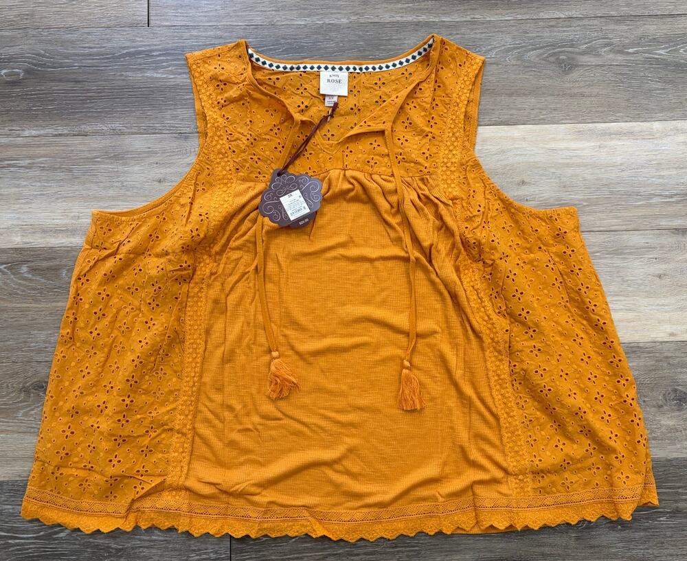 Knox Rose Women's  Solaris Orange Eyelet Lace Rib Knit Tank Top, 2x
